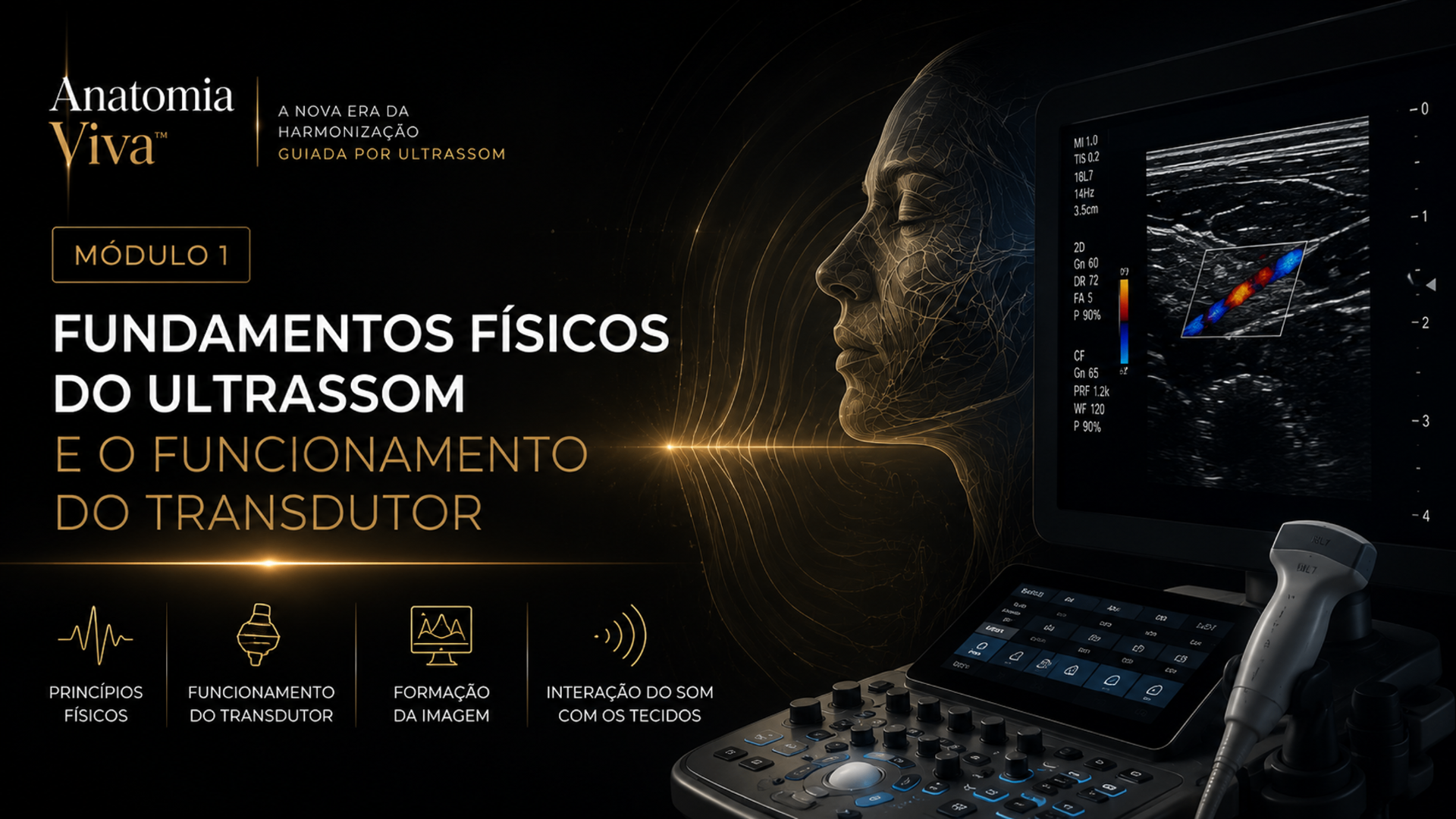 Módulo 1 — Fundamentos do Ultrassom: transdutor L18-5 sobre a face com imagem ultrassonográfica anotada (pele, tecido subcutâneo, SMAS, músculo e osso).