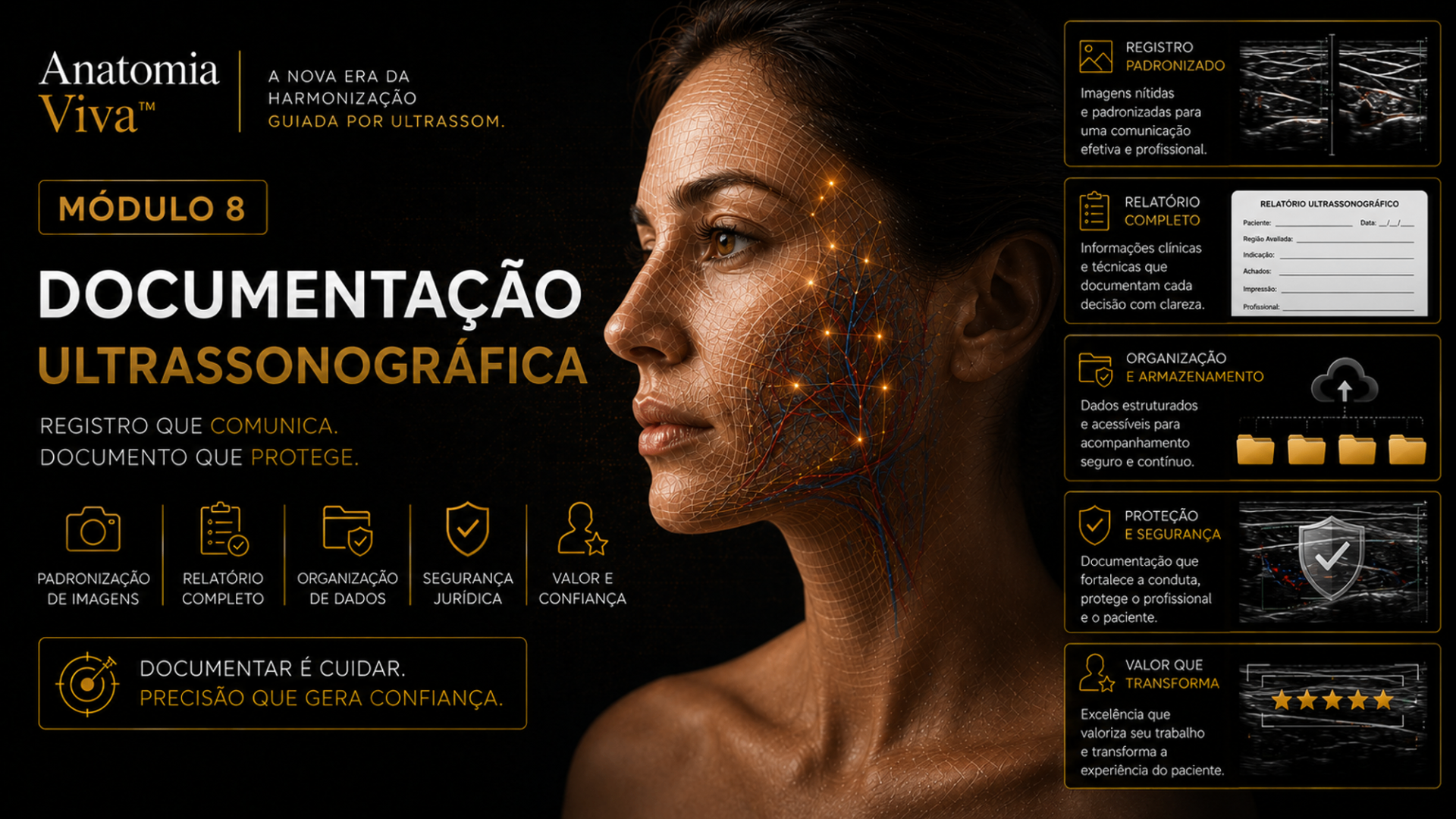 Módulo 8 — Documentação Ultrassonográfica: relatório estruturado da Anatomia Viva com ficha do paciente, imagens padronizadas, mapeamento facial, achados, Doppler e evolução comparativa pré e pós.